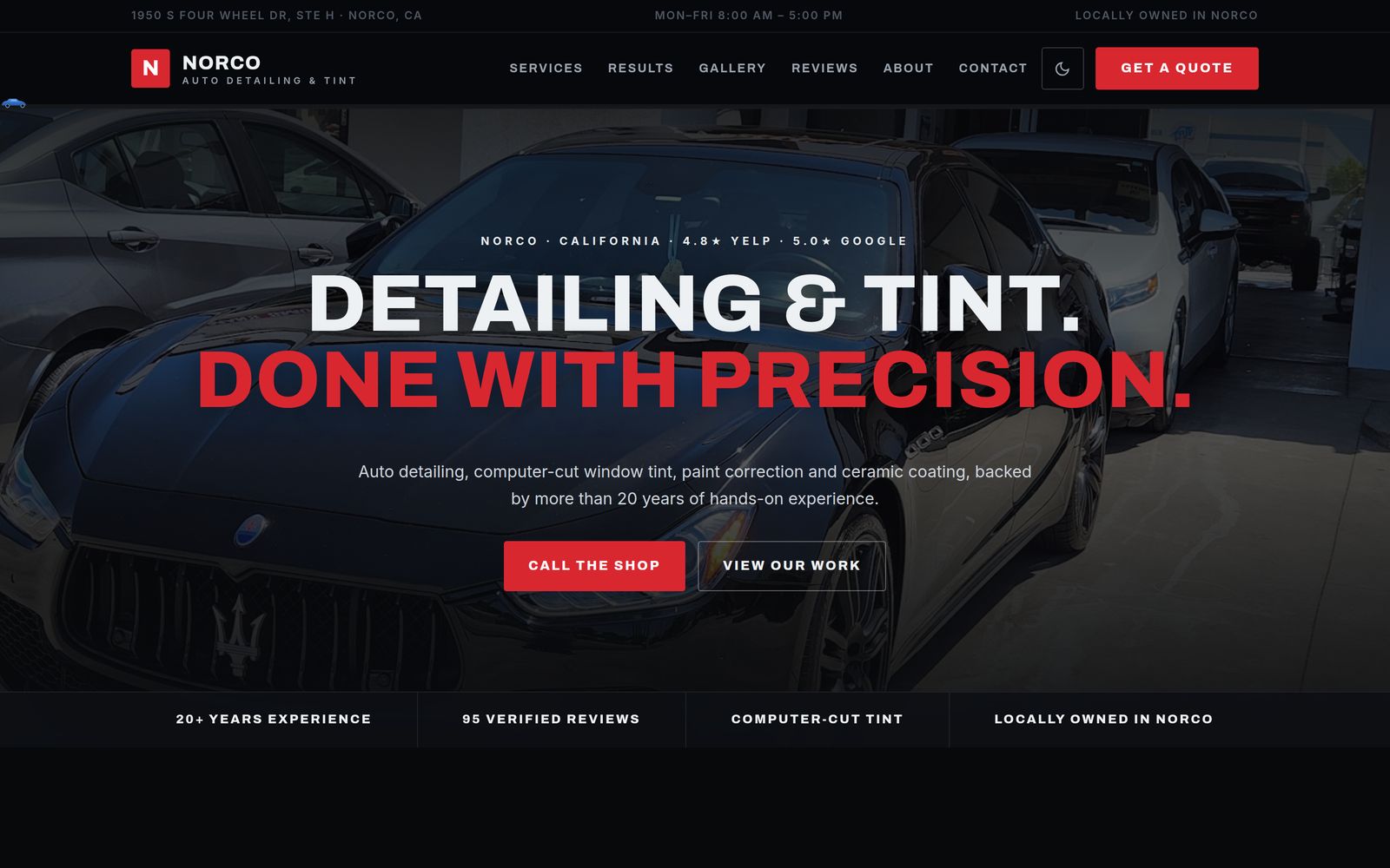Norco Auto Detailing & Tint homepage — dark hero over a detailed black car