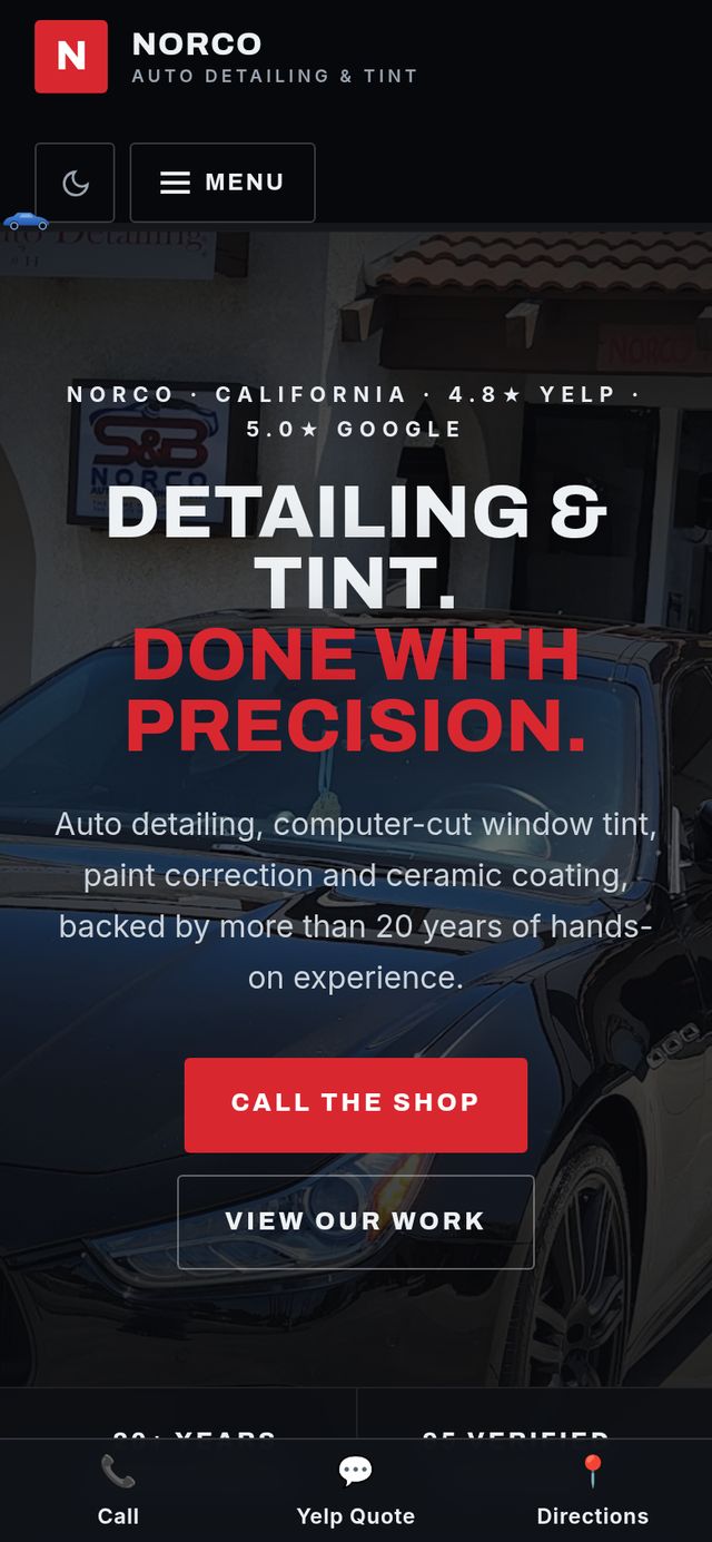 The same homepage on a phone, with call and directions shortcuts pinned to the bottom